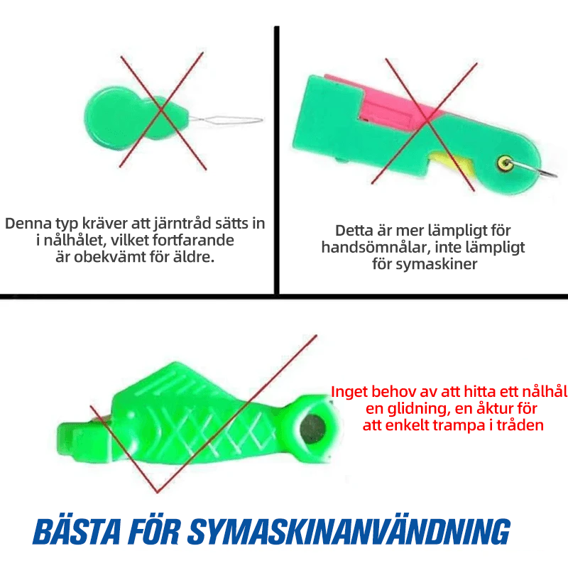 Grön fiskformad nålträdare av plast för symaskiner, enkel trädning, slitstark och kompatibel med äldre och nya maskiner.