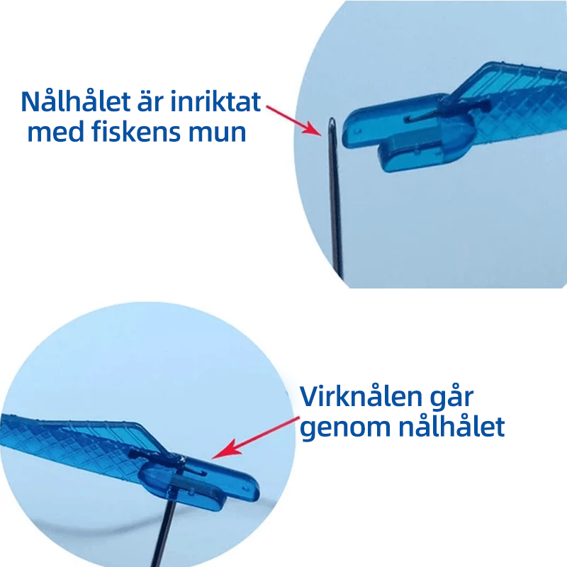Grön fiskformad nålträdare av plast för symaskiner, enkel trädning, slitstark och kompatibel med äldre och nya maskiner.