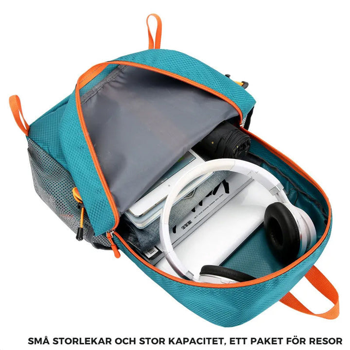 "Grön hopfällbar vattentålig ryggsäck för män, perfekt för sport och resor. Med flera fack och ergonomisk design."