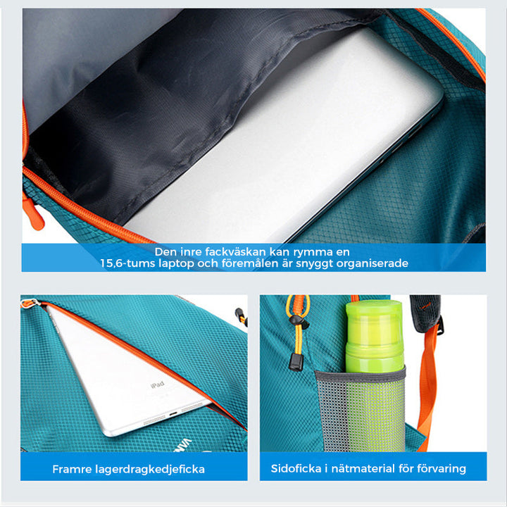 "Grön hopfällbar vattentålig ryggsäck för män, perfekt för sport och resor. Med flera fack och ergonomisk design."