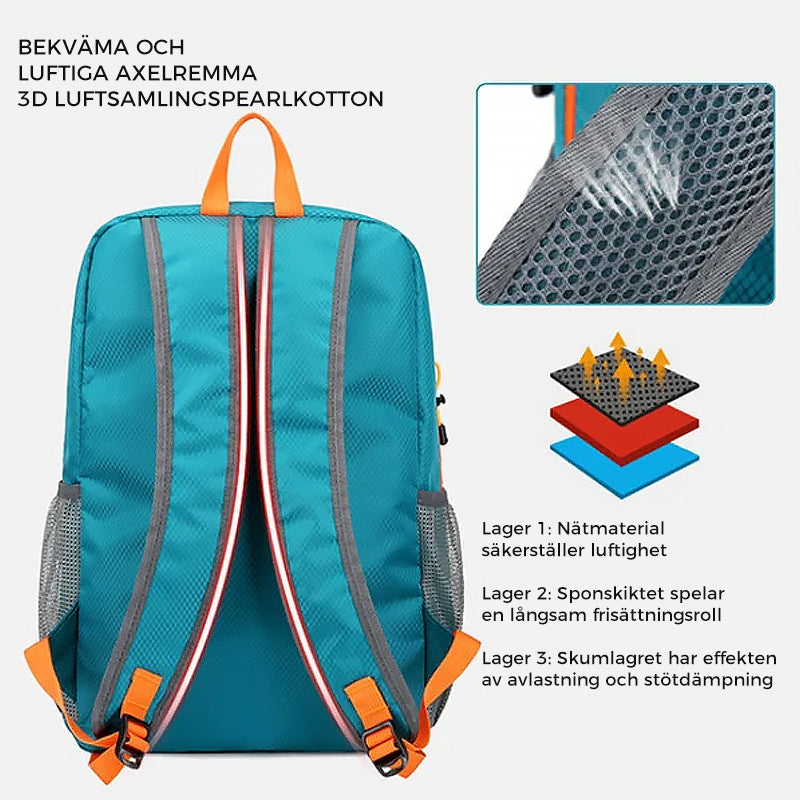 "Grön hopfällbar vattentålig ryggsäck för män, perfekt för sport och resor. Med flera fack och ergonomisk design."