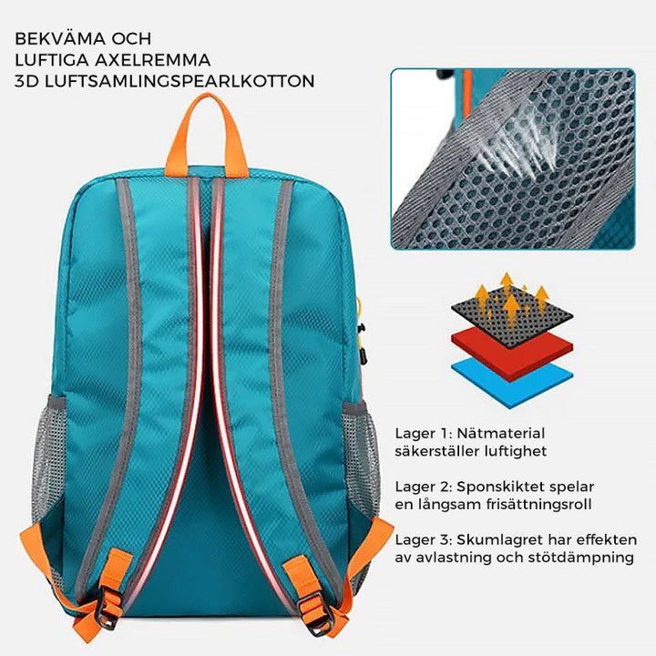 "Grön hopfällbar vattentålig ryggsäck för män, perfekt för sport och resor. Med flera fack och ergonomisk design."