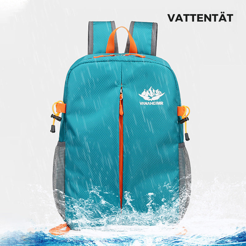 "Grön hopfällbar vattentålig ryggsäck för män, perfekt för sport och resor. Med flera fack och ergonomisk design."