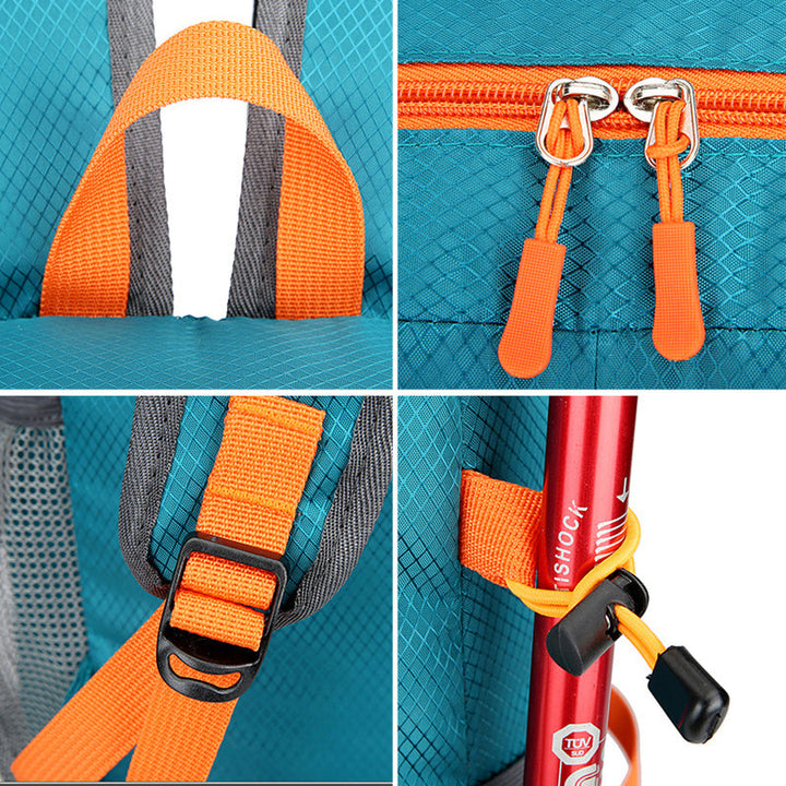 "Grön hopfällbar vattentålig ryggsäck för män, perfekt för sport och resor. Med flera fack och ergonomisk design."