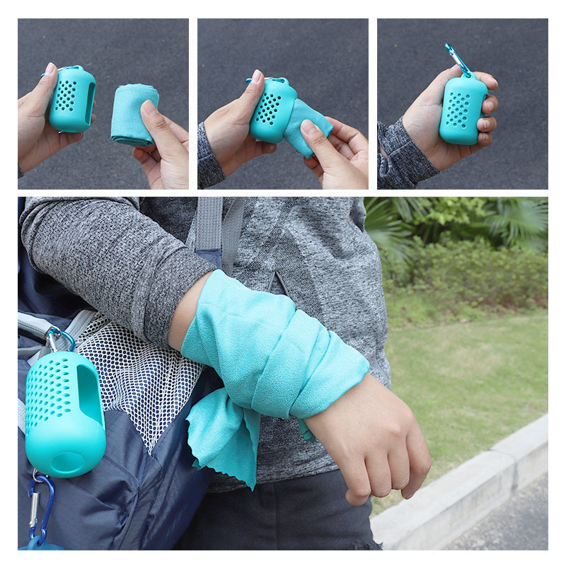 "Grön mikrofiber snabbtorkande sporthandduk för utomhusaktiviteter, kompakt och hudvänlig, perfekt för träning."