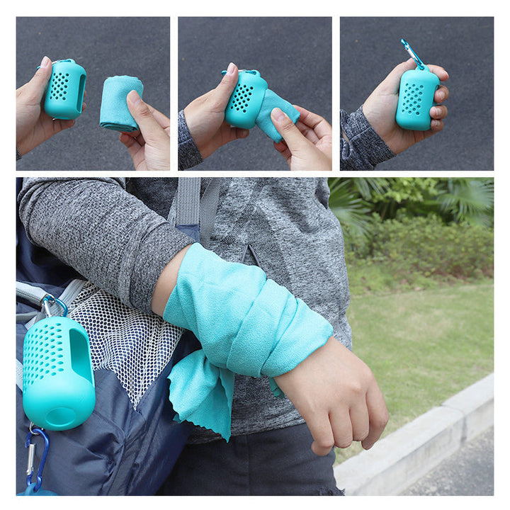 "Grön mikrofiber snabbtorkande sporthandduk för utomhusaktiviteter, kompakt och hudvänlig, perfekt för träning."