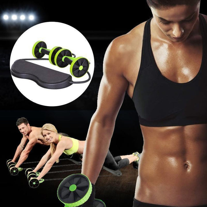 "Grön multifunktionell Power Roll Ab Trainer med dubbla rullar och halkskyddad knäbräda för effektiv styrketräning hemma."