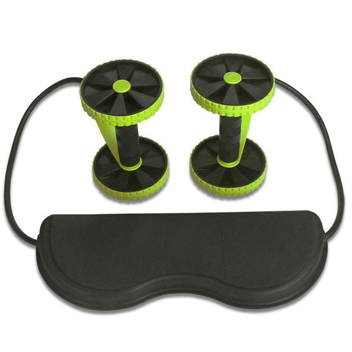 "Grön multifunktionell Power Roll Ab Trainer med dubbla rullar och halkskyddad knäbräda för effektiv styrketräning hemma."