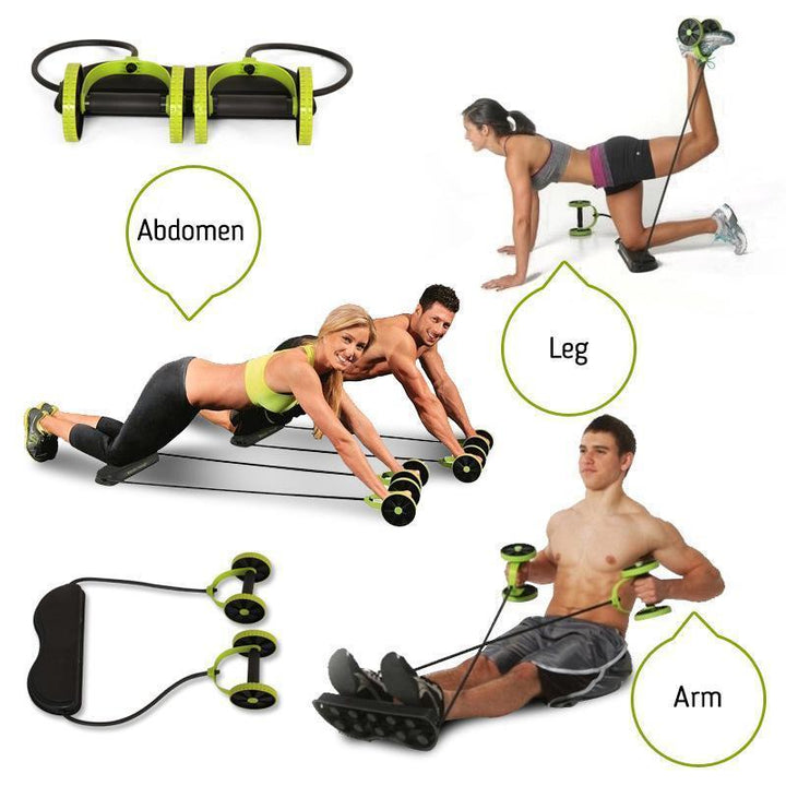 "Grön multifunktionell Power Roll Ab Trainer med dubbla rullar och halkskyddad knäbräda för effektiv styrketräning hemma."