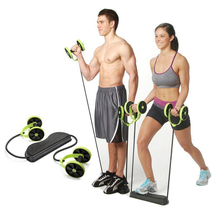 "Grön multifunktionell Power Roll Ab Trainer med dubbla rullar och halkskyddad knäbräda för effektiv styrketräning hemma."