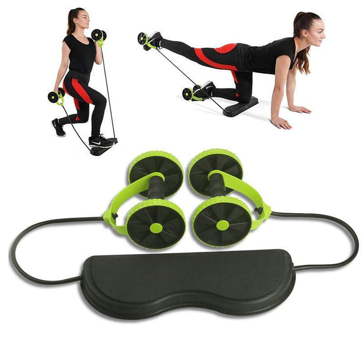 "Grön multifunktionell Power Roll Ab Trainer med dubbla rullar och halkskyddad knäbräda för effektiv styrketräning hemma."
