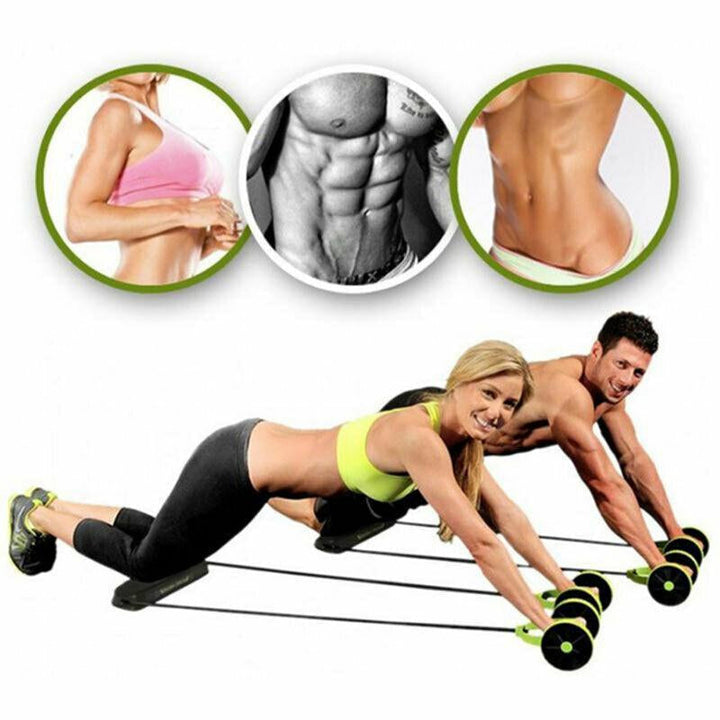 "Grön multifunktionell Power Roll Ab Trainer med dubbla rullar och halkskyddad knäbräda för effektiv styrketräning hemma."