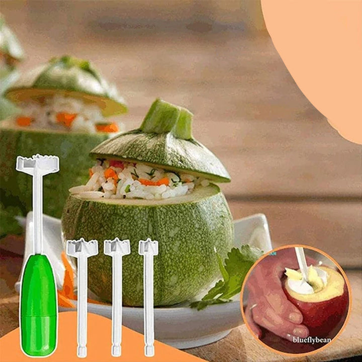 "Grönt multifunktionellt veggieborr i hammarstil av ABS för frukt och grönsaker med ergonomiskt halkfritt handtag."