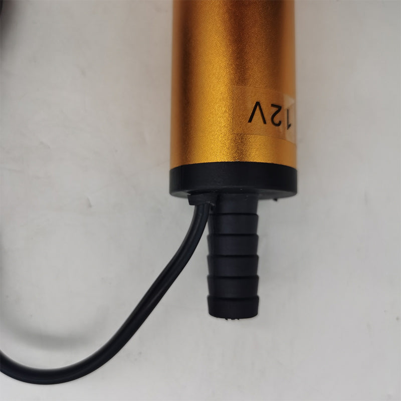 Gul elektrisk mikrobränslepump i aluminiumlegering, robust design med rostfritt stålfilter, idealisk för DC12V/24V system.