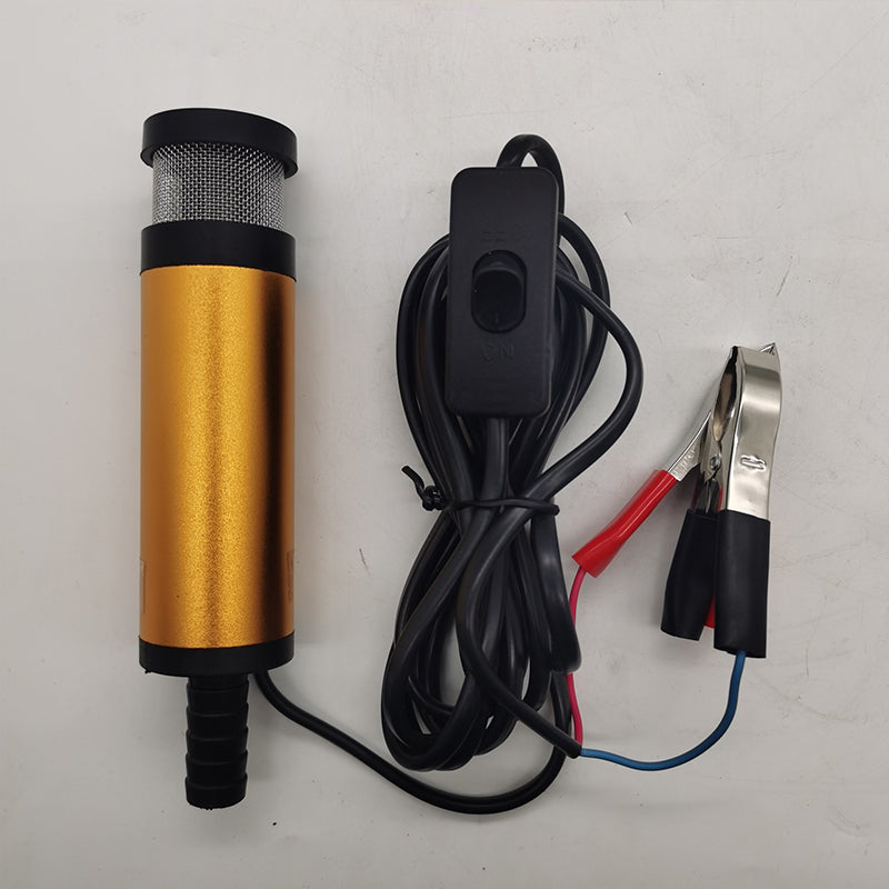 Gul elektrisk mikrobränslepump i aluminiumlegering, robust design med rostfritt stålfilter, idealisk för DC12V/24V system.