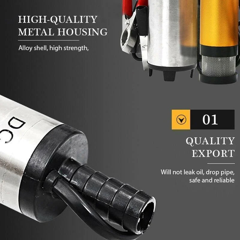 Gul elektrisk mikrobränslepump i aluminiumlegering, robust design med rostfritt stålfilter, idealisk för DC12V/24V system.
