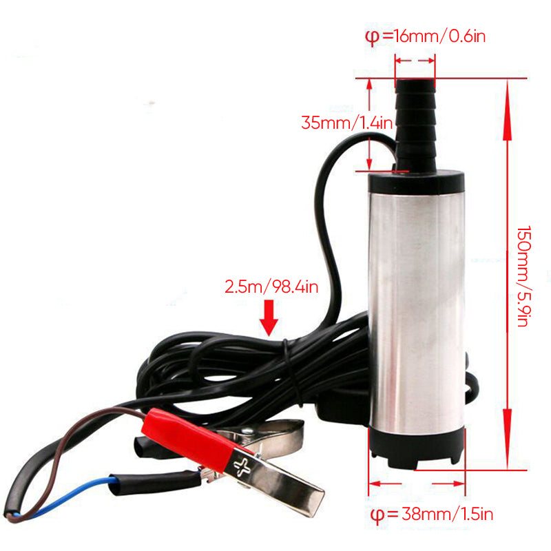 Gul elektrisk mikrobränslepump i aluminiumlegering, robust design med rostfritt stålfilter, idealisk för DC12V/24V system.