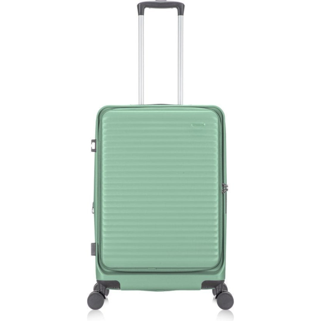 Hård resväska med lättåtkomligt laptopfack, perfekt för affärsresor och organiserad packning.