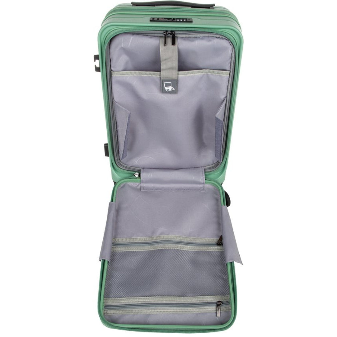 Kompakt hård resväska med laptopfack, idealisk för organiserad packning på affärsresa.