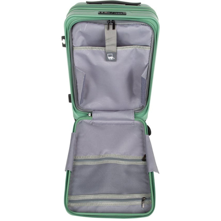 Kompakt hård resväska med laptopfack, idealisk för organiserad packning på affärsresa.