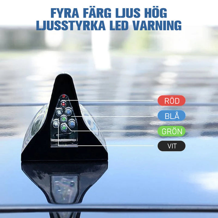 "Hajfena solar varningsljus för bil, LED och solcellsdriven, elegant hajfensdesign, förbättrar stil och säkerhet."