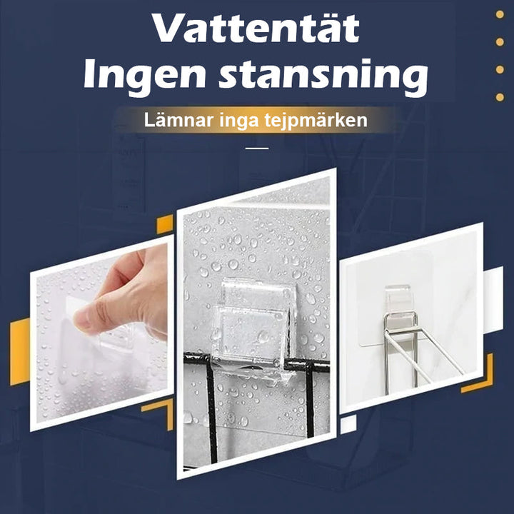 "Hålfri väggkrok, genomskinlig PC plast, tidlös design, enkel upphängning utan borrning, idealisk för kök och badrum."