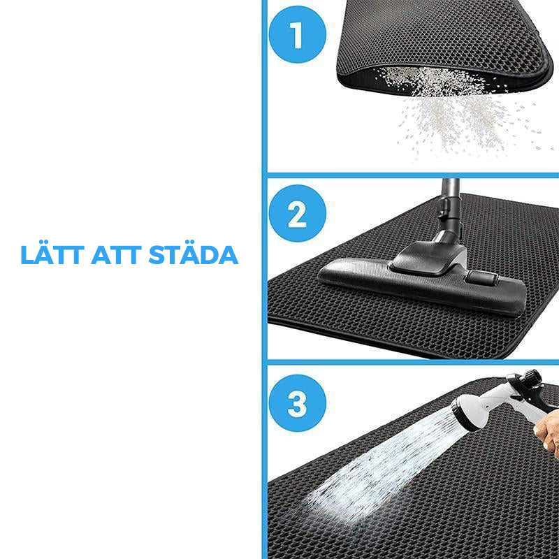 Halkfri kattsandmatta i svart TPE-gummi, fångar upp sand och skyddar golv. Idealisk för rena husdjurshushåll.