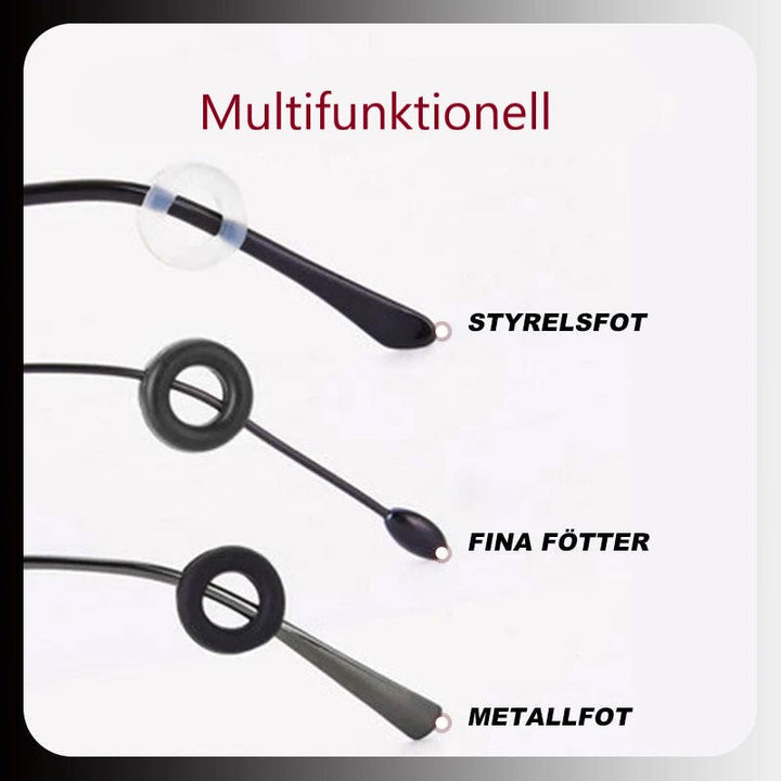 "Halkskydd för glasögon i mjukt silikon, olika färger, ergonomiskt designade för bekväm och säker passform."