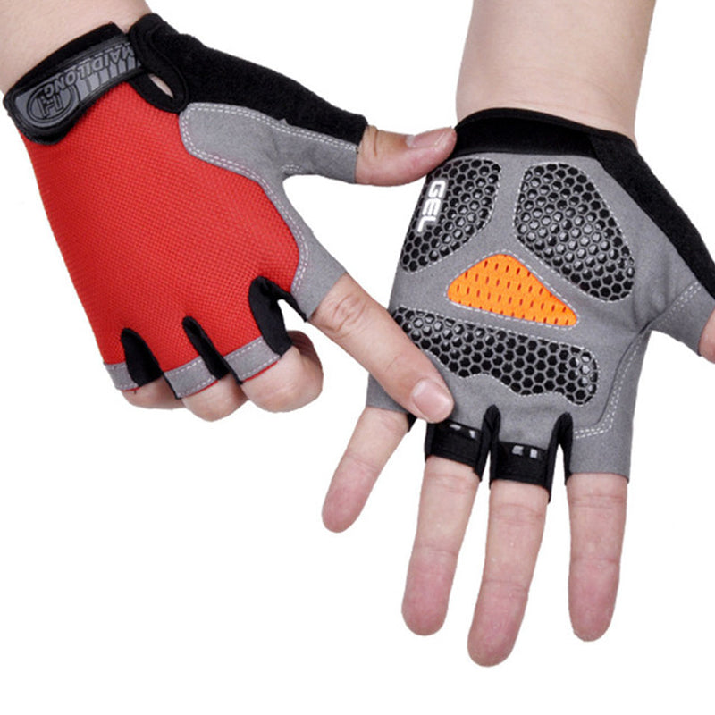 "Halkskydd halvfinger cykelhandskar unisex, högelastiska med gel-stötdämpning, svart och rött för optimal komfort."