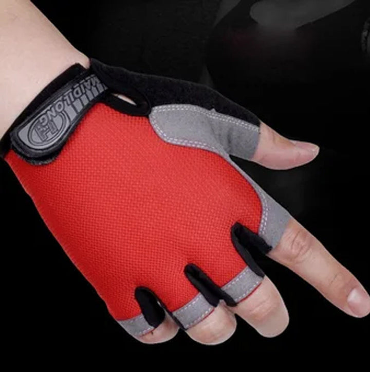 "Halkskydd halvfinger cykelhandskar unisex, högelastiska med gel-stötdämpning, svart och rött för optimal komfort."