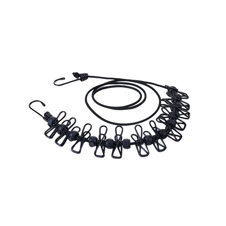 "Hållbar stretchbar utomhus klädlina, gummiband, expanderbar 3,6m, robusta klämmor, halkfri design, portabel."