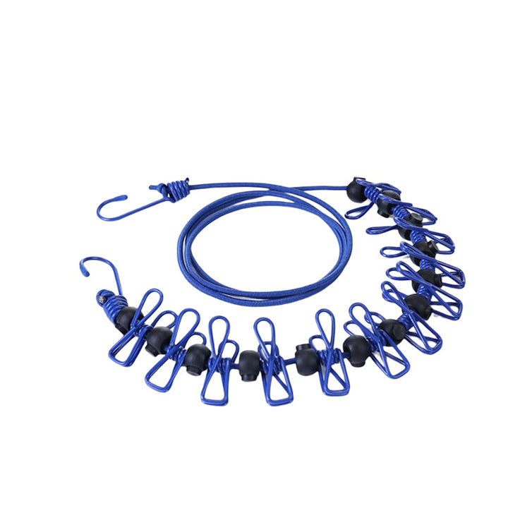 "Hållbar stretchbar utomhus klädlina, gummiband, expanderbar 3,6m, robusta klämmor, halkfri design, portabel."