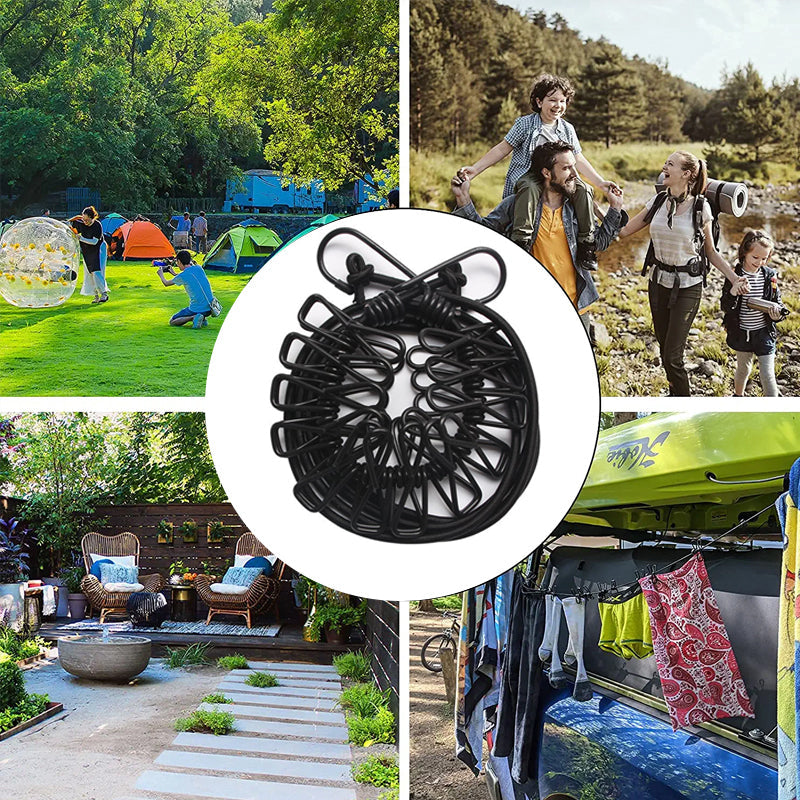 "Hållbar stretchbar utomhus klädlina, gummiband, expanderbar 3,6m, robusta klämmor, halkfri design, portabel."