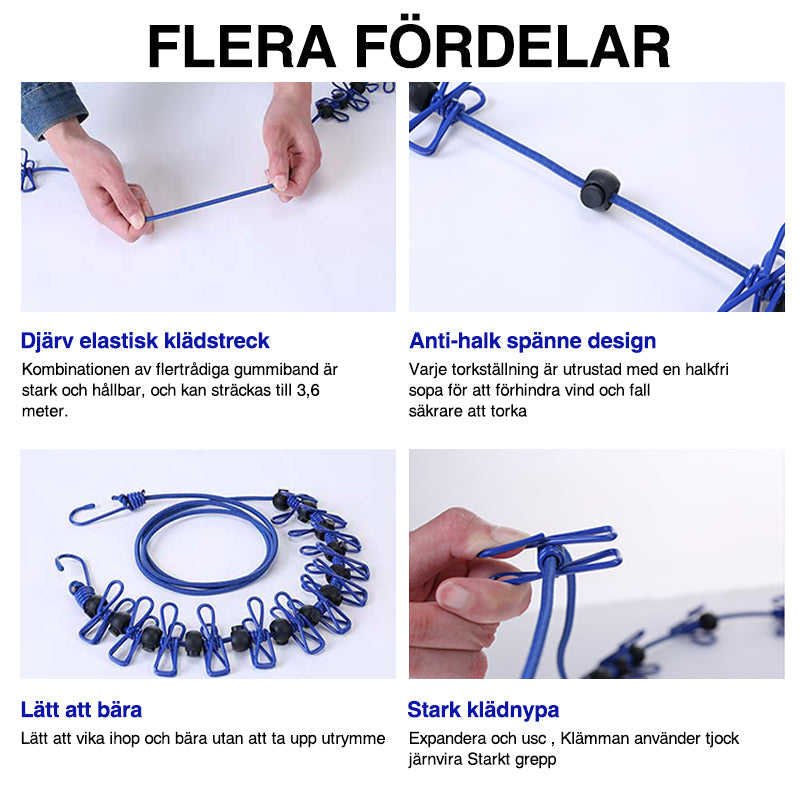 "Hållbar stretchbar utomhus klädlina, gummiband, expanderbar 3,6m, robusta klämmor, halkfri design, portabel."