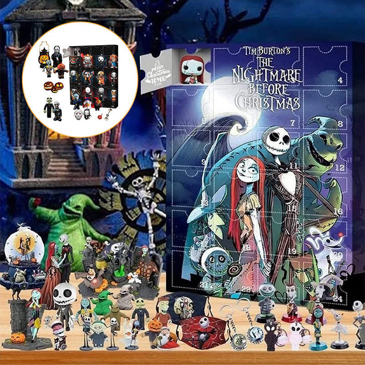 "Halloween Deadventskalender med mystisk design, 24 överraskningar som dockor och figurer för spännande nedräkning."
