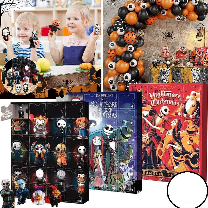 "Halloween Deadventskalender med mystisk design, 24 överraskningar som dockor och figurer för spännande nedräkning."
