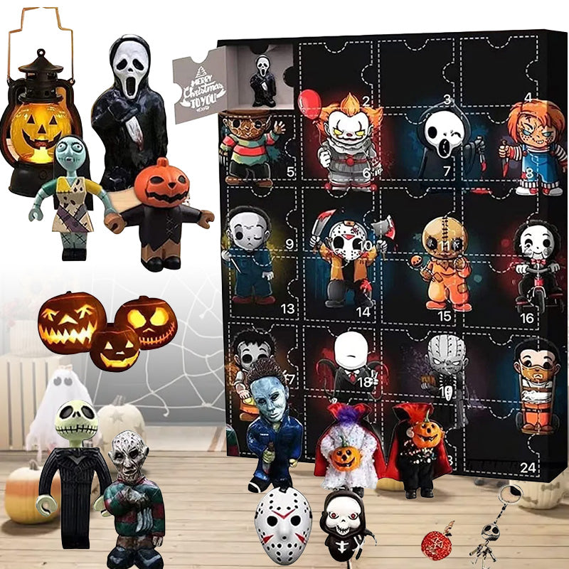 "Halloween Deadventskalender med mystisk design, 24 överraskningar som dockor och figurer för spännande nedräkning."