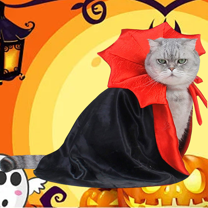 "Halloween Dracula husdjurskostym för katt och liten hund, svart och röd mantel, justerbar krage, dramatiskt stiligt."