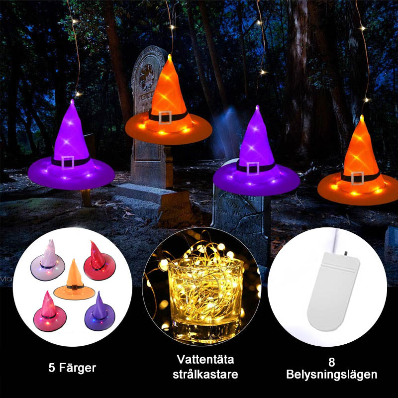 "Halloween häxhatt dekoration med LED-stränglampor i färgglada nyanser för magisk festivalstämning."