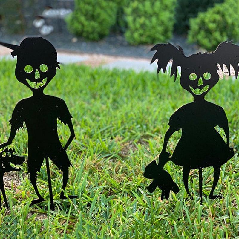 "Halloween-metalldekorationer: Zombie och spöke i trädgård, svart färg, skrämmande design, 16-spårvidd stål"