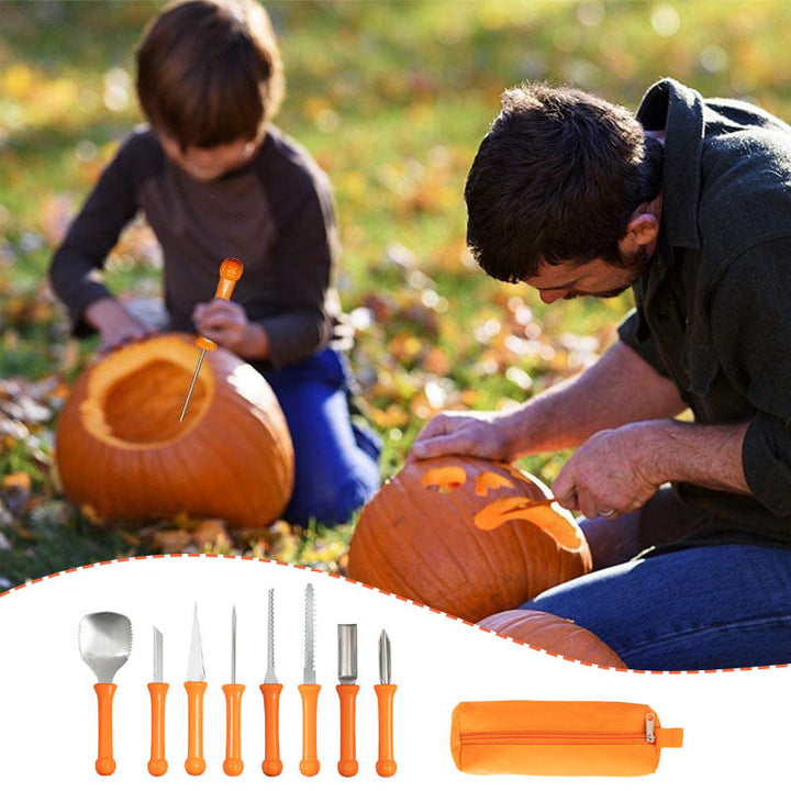 "Halloween pumpa carving kit, rostfritt stål verktyg med handtag, innehåller pumpasked, sågar och etsningsverktyg."