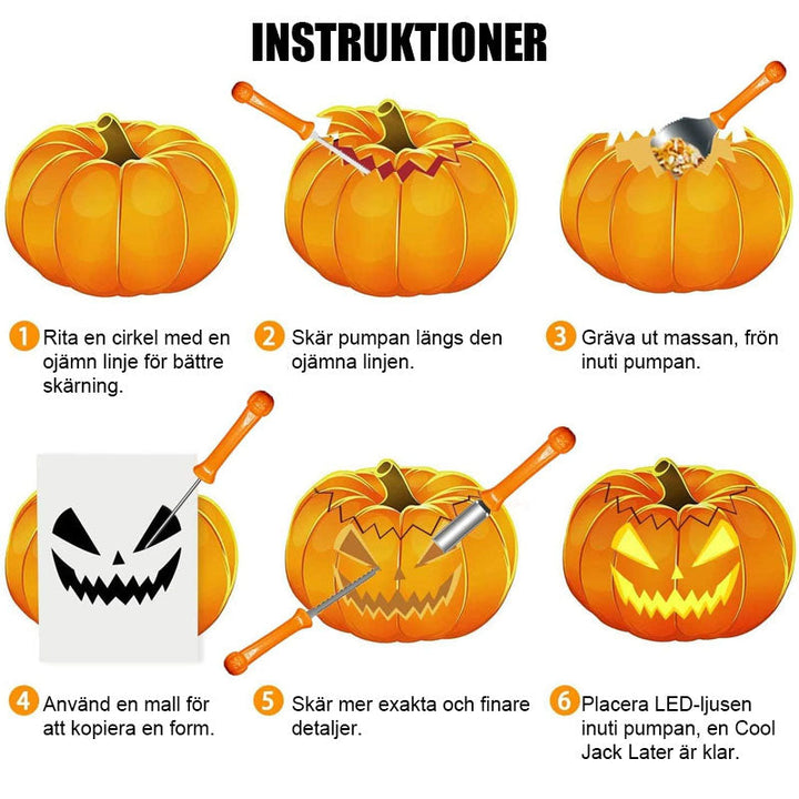 "Halloween pumpa carving kit, rostfritt stål verktyg med handtag, innehåller pumpasked, sågar och etsningsverktyg."