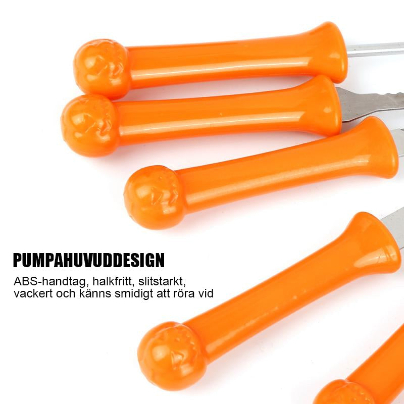 "Halloween pumpa carving kit, rostfritt stål verktyg med handtag, innehåller pumpasked, sågar och etsningsverktyg."