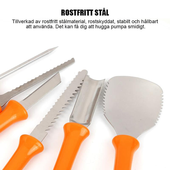 "Halloween pumpa carving kit, rostfritt stål verktyg med handtag, innehåller pumpasked, sågar och etsningsverktyg."