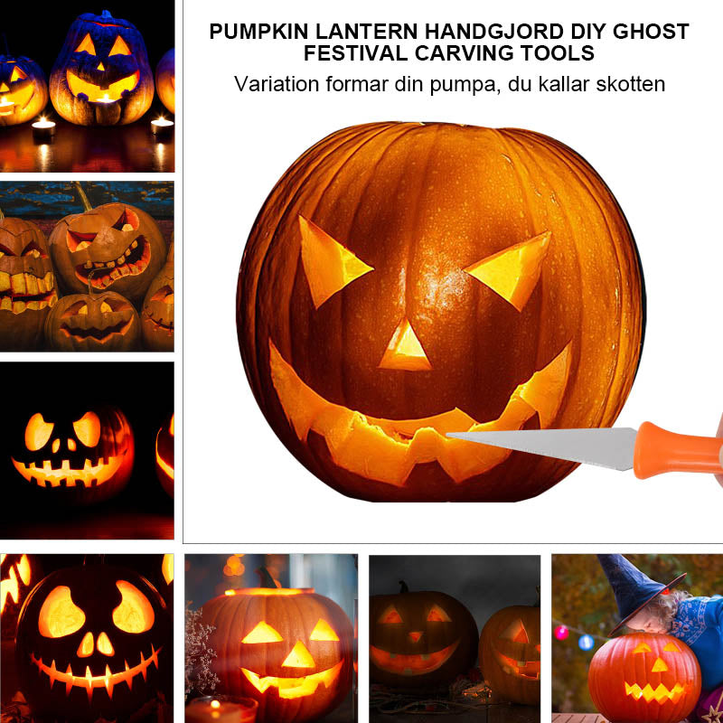 "Halloween pumpa carving kit, rostfritt stål verktyg med handtag, innehåller pumpasked, sågar och etsningsverktyg."