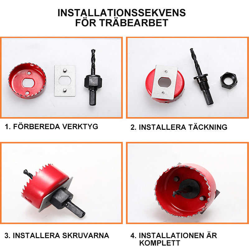 "Hålsåg i rostfritt stål, set om 13, för precis håltagning i trä och gips, skarpa tänder, olika storlekar."
