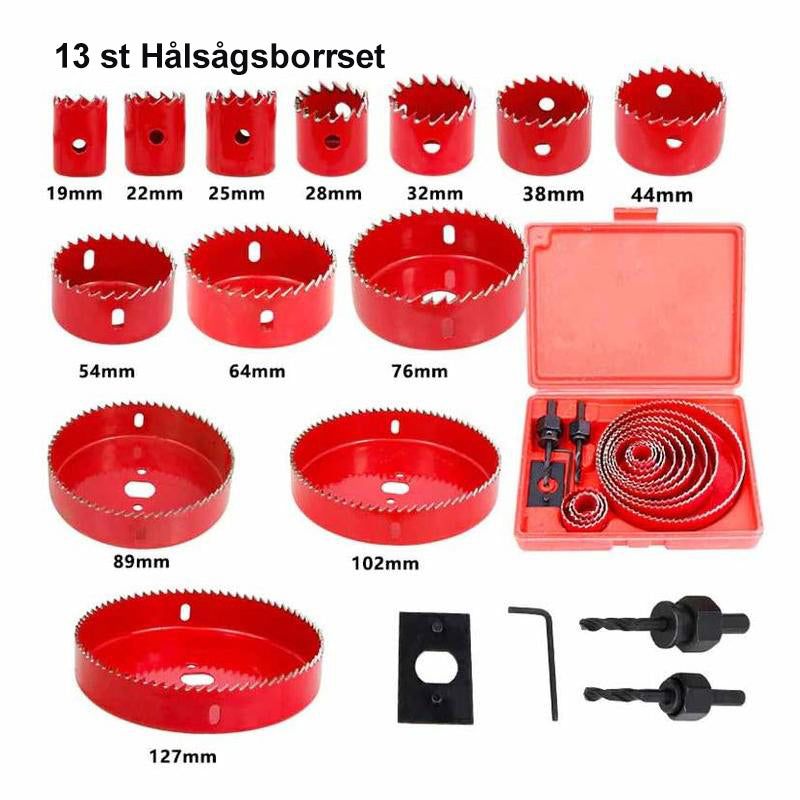 "Hålsåg i rostfritt stål, set om 13, för precis håltagning i trä och gips, skarpa tänder, olika storlekar."