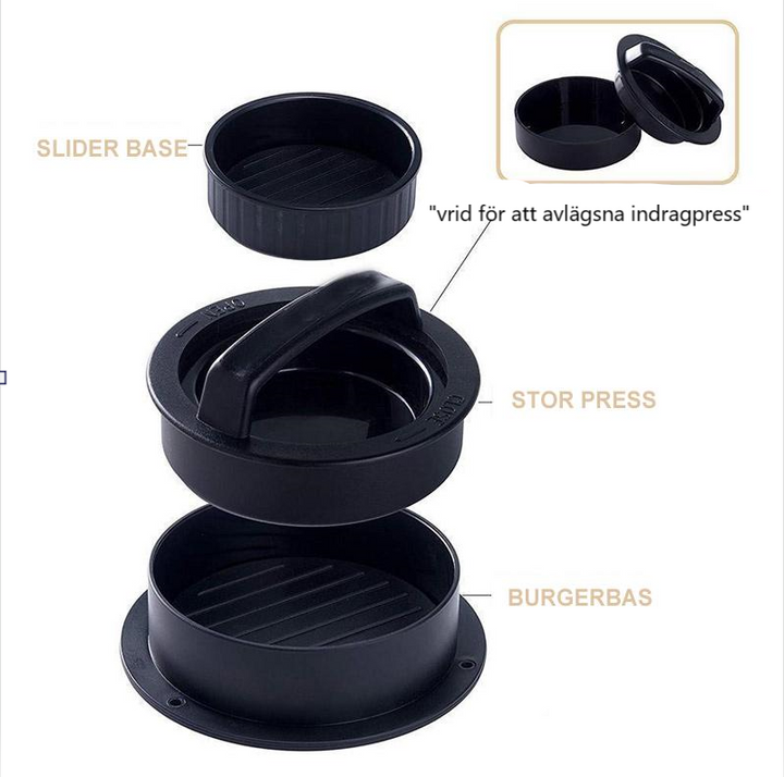 "Hamburgarepress i plast med jämn form, perfekt för att skapa saftiga hamburgare i köket."