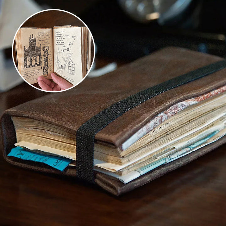 "Handbunden Graildagbok, åldrade sidor, replika från 'The Last Crusade', perfekt accessoar för Indiana Jones-fans."