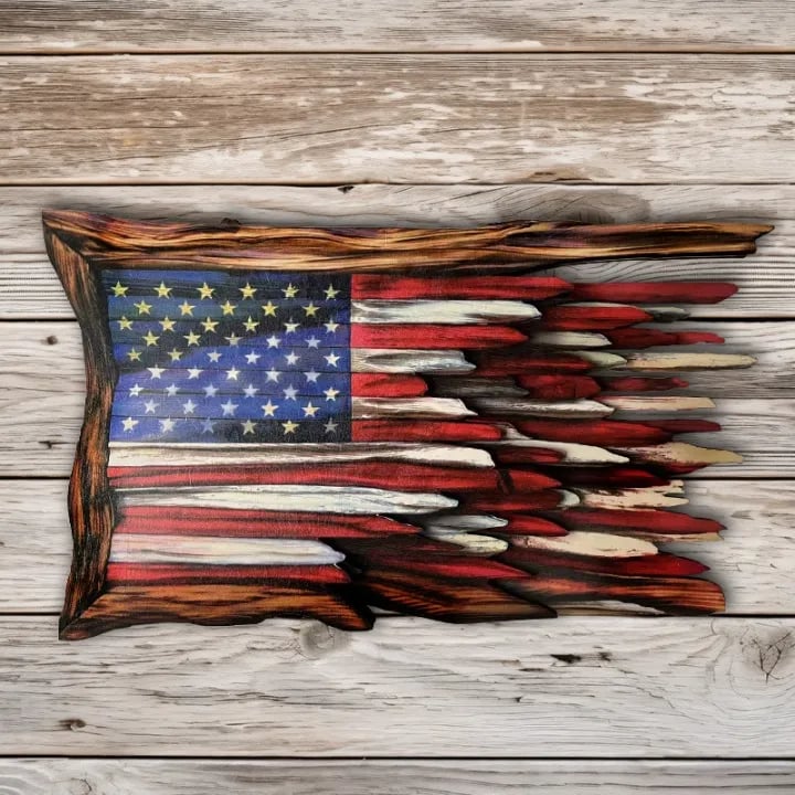 Stor amerikansk träflagga, imponerande väggdekoration för hem eller kontor.